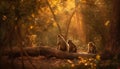 Young macaque sitting on tree branch, autumn leaves generated by AI