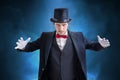 Young magician man is showing magic trick Royalty Free Stock Photo