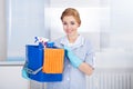 Young maid holding cleaning supplies Royalty Free Stock Photo