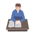 Young Male as Professional Journalist Sitting at Desk and Writing Article or Public Essay Vector Illustration