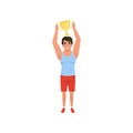 Young male athlete holding trophy over his head. Winner of sports competition. Flat vector design Royalty Free Stock Photo