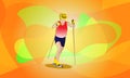 An athlete on roller skates with ski poles and a protective helmet. Bright colorful, abstract background