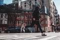 Young male athlete training and running through New-York streets. Urban sport concept Royalty Free Stock Photo