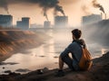 young male in black clothes with a backpack on the roof of the city. industrial pollution concept