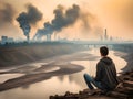 young male in black clothes with a backpack on the roof of the city. industrial pollution concept