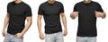 Young male in blank black t-shirt, front and back view, isolated white background. Design men tshirt template and mockup for print Royalty Free Stock Photo