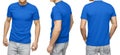 Young male in blank blue t-shirt, front and back view, isolated white background . Design men tshirt template and mockup for print Royalty Free Stock Photo