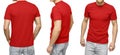 Male in blank red t-shirt, front and back view, isolated white background. Design men tshirt template and mockup for print