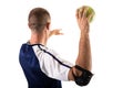 Young male caucasian athlete wearing elbow guard playing handball on white background