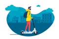 Young male character with backpack ride modern urban transport electric kick scooter. Active hipster adult millennial