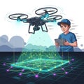 A young male character controls a drone equipped with a camera, using a tablet. The Royalty Free Stock Photo
