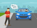 Young male character crossing the road while using mobile phone in front of a car. Angry male car driver is honking horn. Royalty Free Stock Photo