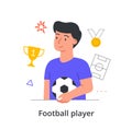 Young male character is enjoing is making a career of playing football on white background