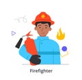 Young male character is enjoing working as a firefighter on white background