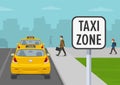 Young male character getting into yellow taxi cab. City taxi service parking area. Back view. Royalty Free Stock Photo