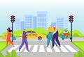 Young male character help to old man crossing street, volunteer person pedestrian elderly people flat vector