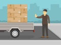 Young male character helps to reverse trailer safely and shows stop gesture. Freight shipping scene.