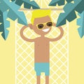 Young male character lying in a hammock under the palm trees. To