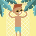 Young male character lying in a hammock under the palm trees. To