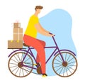 Young male courier with packages delivery cycling urban service. Online shopping and bicycle courier efficient