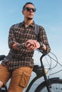 Young Male Cyclist With Bicycle Resting Near Sea. Holiday Urban Lifestyle Relaxation Summer Concept Royalty Free Stock Photo