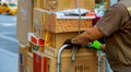 Young male deliverer with boxes outdoors Royalty Free Stock Photo