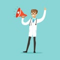 Young male doctor character shouting into a megaphone vector Illustration Royalty Free Stock Photo