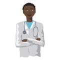 A Black male doctor in clinic in white coat with stethoscope isolated on white background, A stock illustration as concept