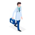 Young male doctor hold medical kit, professional doctor chacarter walk first aid box isometric 3d vector illustration