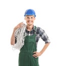 Young male electrician on white background Royalty Free Stock Photo