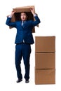Young male employee with boxes isolated on white Royalty Free Stock Photo