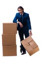 Young male employee with boxes isolated on white Royalty Free Stock Photo