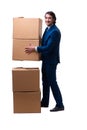 Young male employee with boxes isolated on white Royalty Free Stock Photo