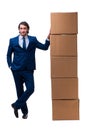 Young male employee with boxes isolated on white Royalty Free Stock Photo