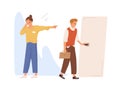 Young male employee dismissed from job vector flat illustration. Upset female employer pointing on door direction to