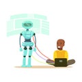 Young male engineer controlling visualization process of humanoid robot at his laptop, future technology concept vector