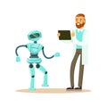 Young male engineer in white smock programming humanoid bipedal robot at his tablet, future technology concept vector