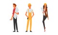 Young Male and Female Architect and Engineer Worker in Overall and Hard Hat Standing with Draft and Blueprint Vector Set Royalty Free Stock Photo