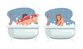 Young Male and Female Bathing in the Bathtub Washing Body with Shampoo and Sponge Vector Illustration Set