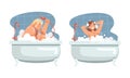 Young Male and Female Bathing in the Bathtub Washing Hair and Body with Shampoo Vector Illustration Set