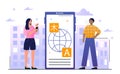 Young male and female characters are using online translator mobile application