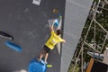 Young male and female competitors in the Madrid Block Climbing Spain Cup held at Madrid`s Plaza de EspaÃÂ±a. Climbers. Olympic.