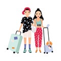 Young male and female tourists dressed in trendy clothing standing together and holding suitcases. Traveling romantic