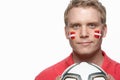 Young Male Football Fan With Danish Flag Painted O Royalty Free Stock Photo