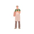 Young male fruit vendor in uniform selling fruits packing in paper package vector flat illustration