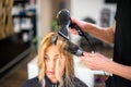 Young male hairdresser is drying young woman hair Royalty Free Stock Photo