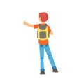 Young male hitchhiker traveling with backpack, man trying to stop a car on a highway by hand, back view, travelling by Royalty Free Stock Photo