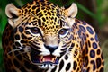 A young male jaguar looks at his surroundings with a snarling, observant look .