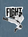 Young male judo fighter in jump isolated on grey background with lettering. Concept of sport, healthy lifestyle, motion
