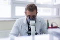 Young male Laboratory scientist working at lab with test tubes and microscope, test or research in clinical laboratory.Science, Royalty Free Stock Photo